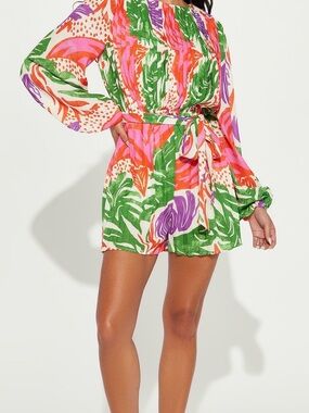 Tropical Print Tie-Waist Romper - Green/Pink/Orange